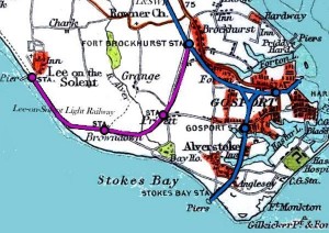 Pre-1910 map showing the railway between Fort Brockhurst and Lee; Elmore Halt wasn't opened until 11th April 1910, hence it not featuring on this map...
