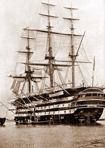 HMS 'St Vincent' under full sail while moored at Haslar c.1896. Credits to original photographer.